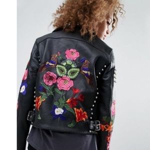 ASOS Leather PREMIUM Jacket With Floral Embroidery